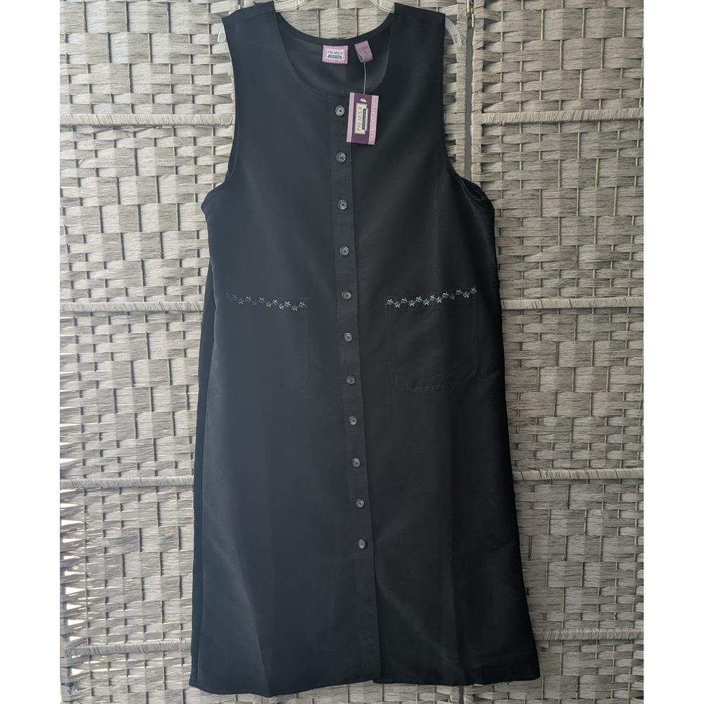Vtg Jumper Dress Black Embroidered Button Pockets 2X Cottagecore Modest Artsy